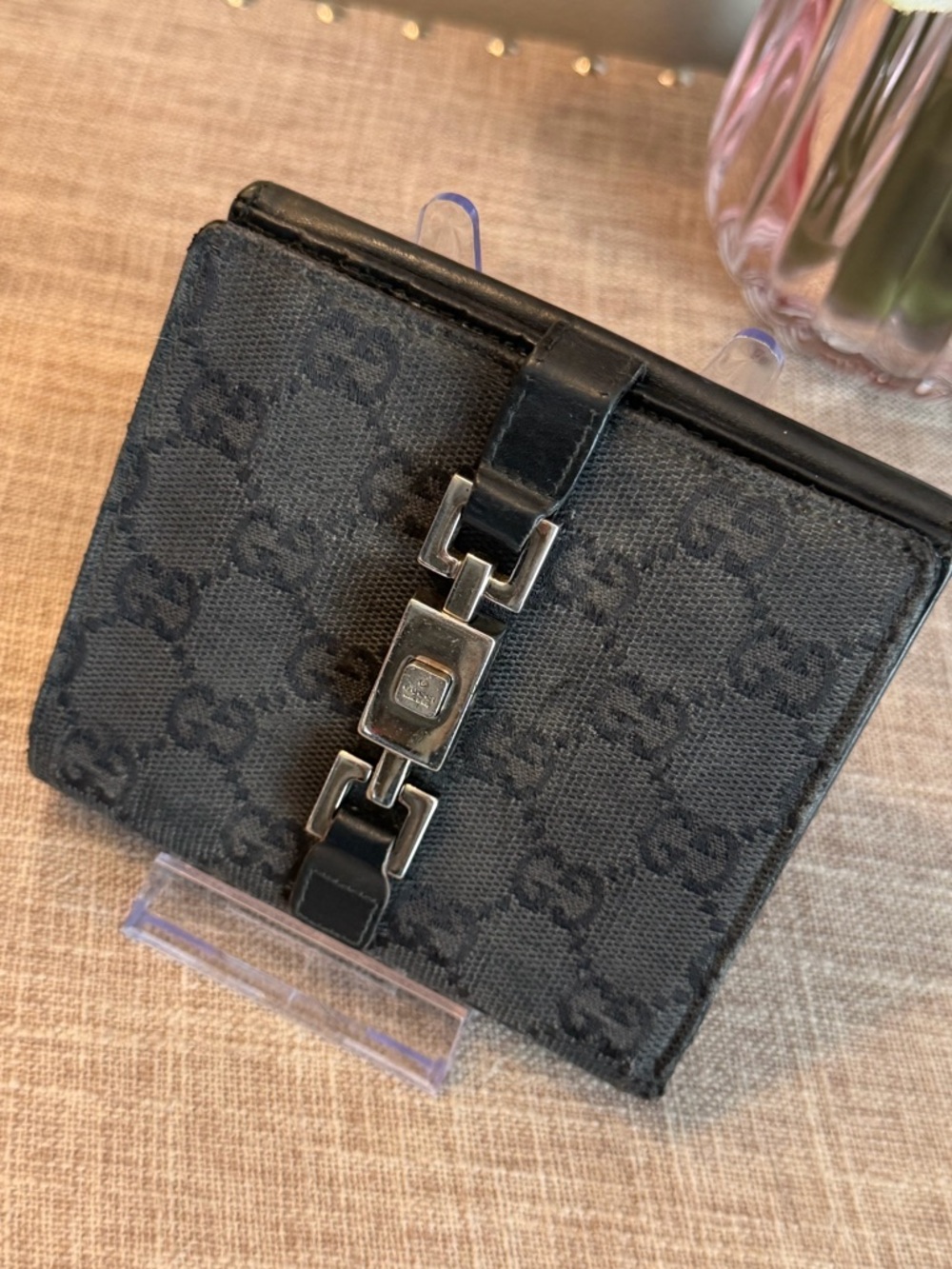 Gucci Jackie GG Black Monogram Canvas Wallet with Silver Hardware
